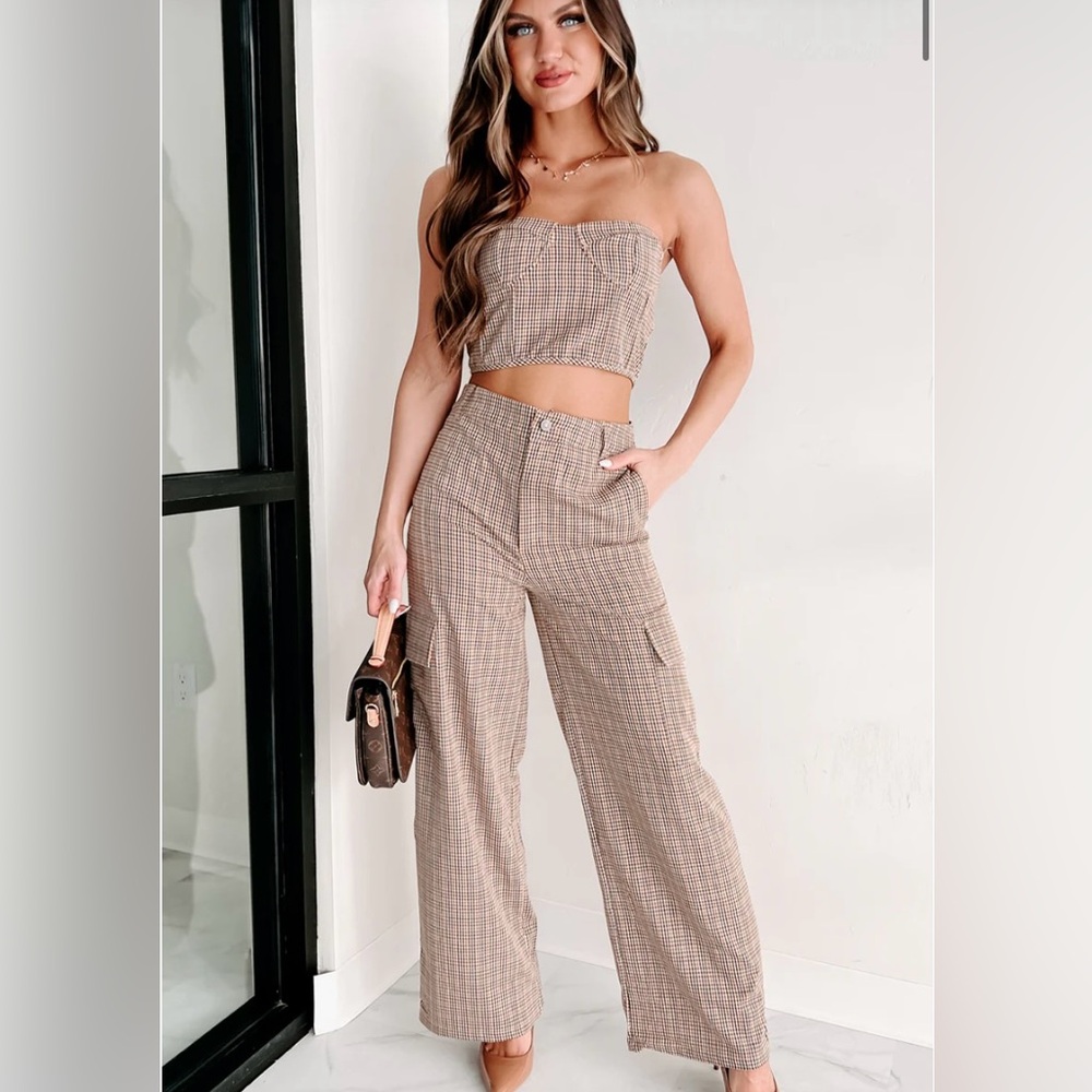Water Under The Bridge Plaid Two-Piece Pant Set (Brown) NanaMacs size Small